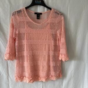 Ali Miles Size Small Tunic Top Shirt Blouse 3/4 Sleeve Crochet Lace Overlay Pink